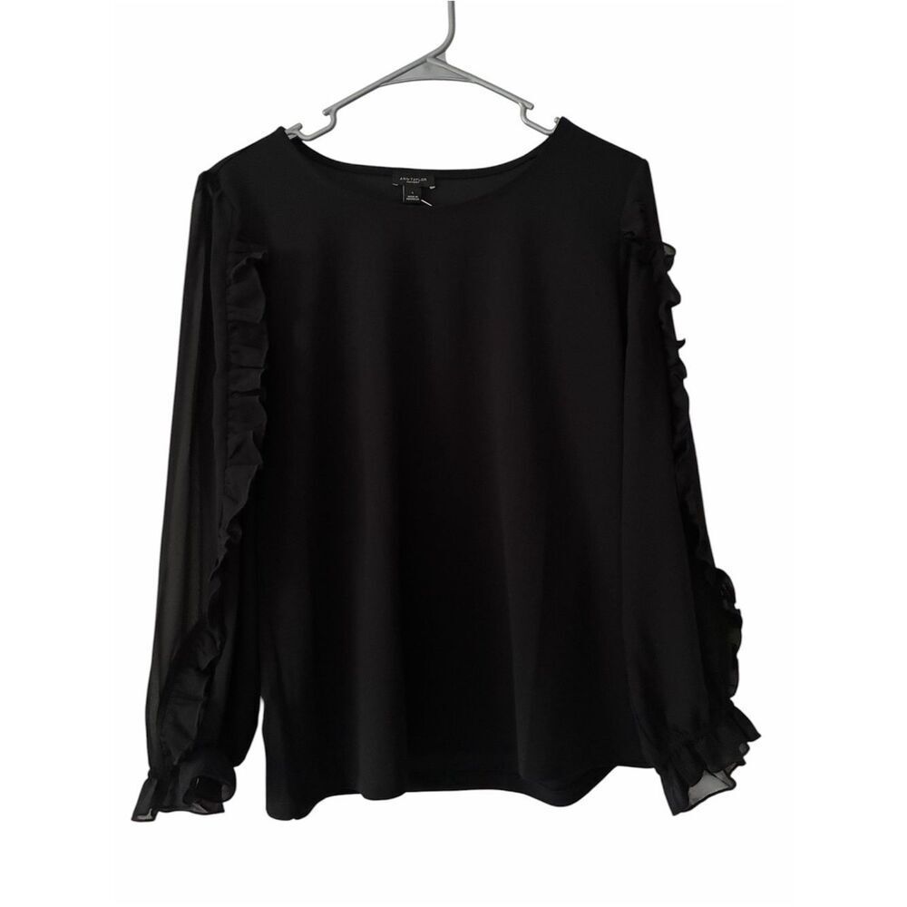 Ann Taylor Factory Black Sheer‑Sleeve Ruffle Blouse – Size Large – NWOT